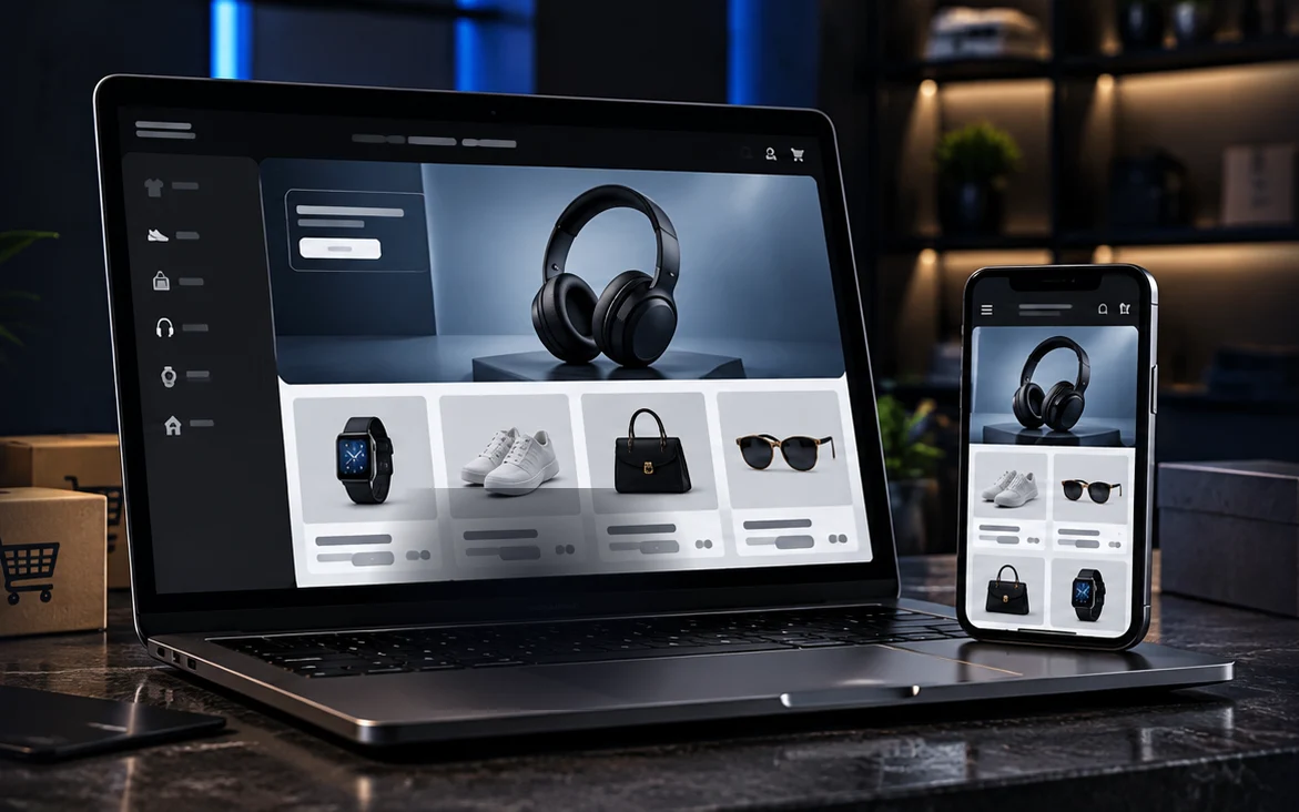 An online store product page shown on a laptop with the matching mobile view on a phone, beside packed orders