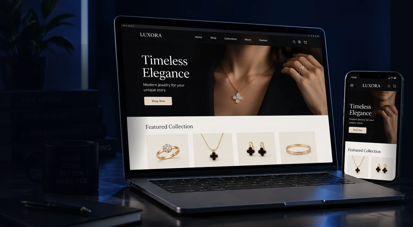A jewelry e-commerce website design shown on a laptop and a phone, demonstrating responsive layout