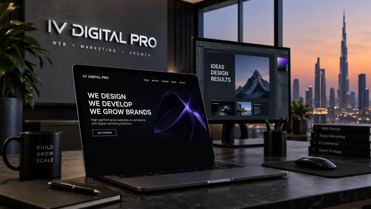 A laptop showing an IV Digital Pro website design beside a monitor and a city skyline at dusk